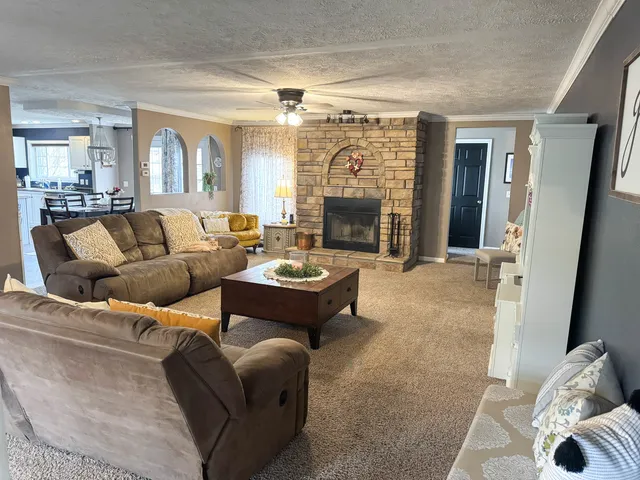 a living room with furniture and a fireplace