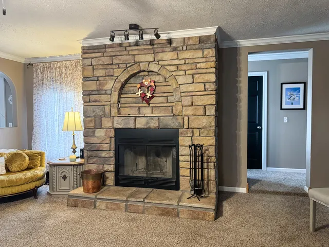 a living room with furniture and a fireplace