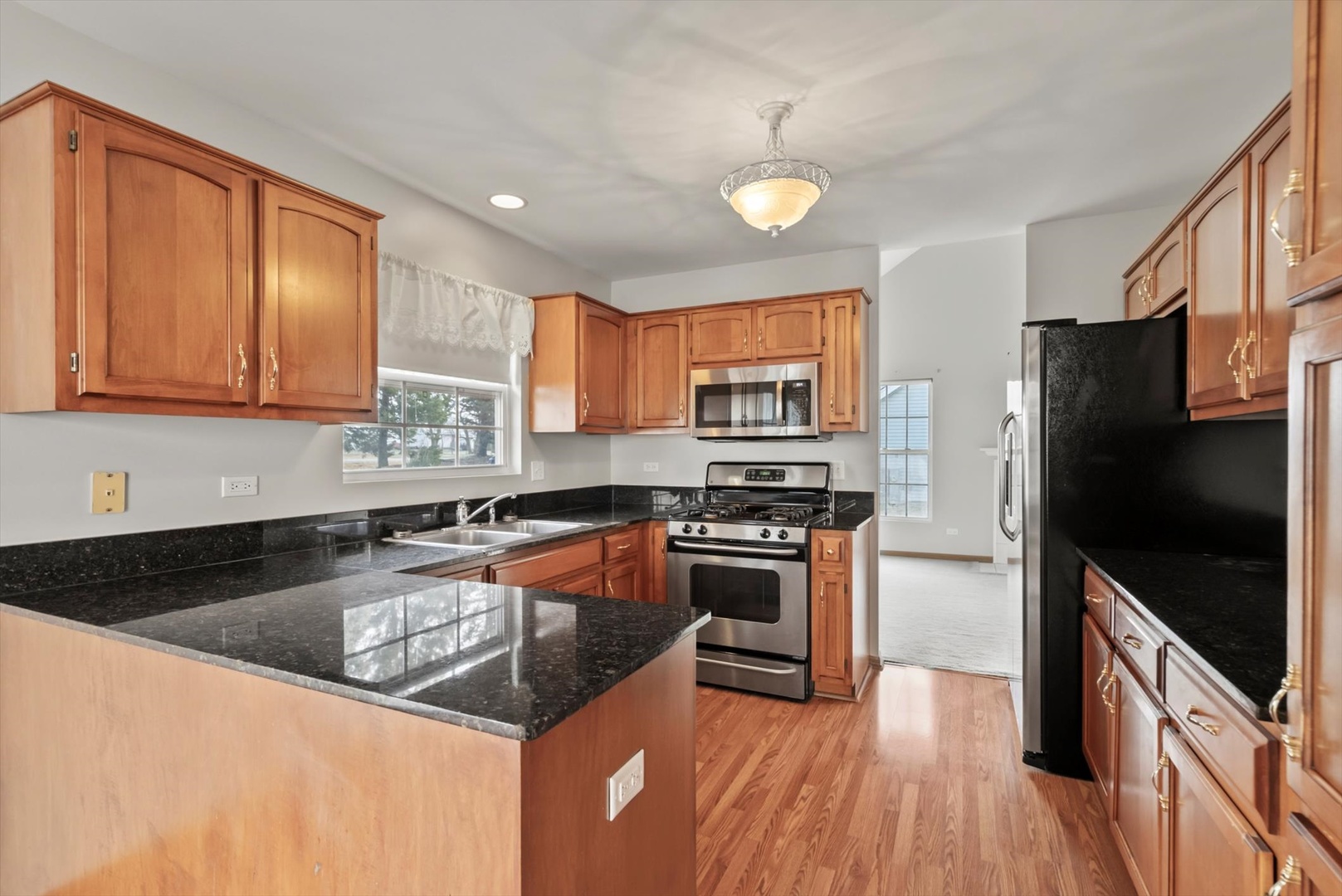 913 Barton Lane Peotone, IL 60468 - Photo 3 of 15 a kitchen with stainless steel appliances granite countertop a stove a sink dishwasher a refrigerator and a microwave oven with wooden floor