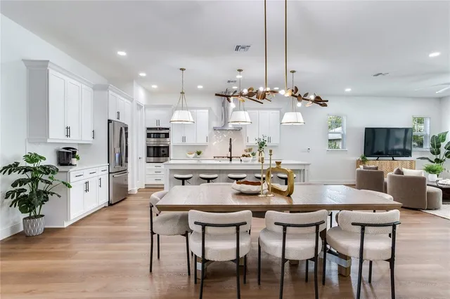 a view of a dining room with furniture and wooden floor