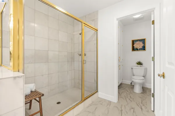a bathroom with a shower and a toilet