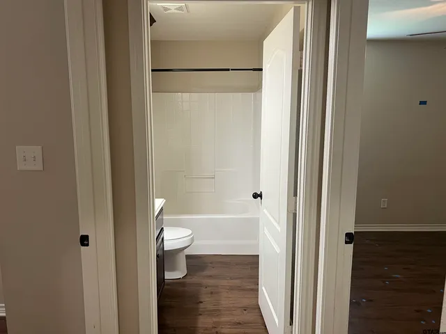 a bathroom with a shower and a toilet