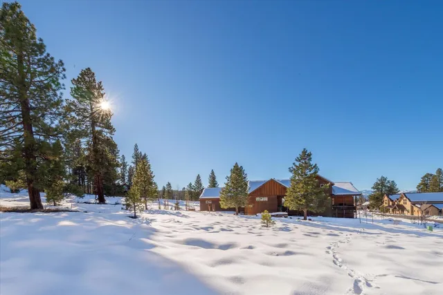 a view of a yard with snow on the road