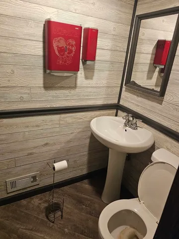 a bathroom with a toilet sink and mirror