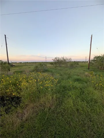 a view of a field with an ocean and mountain view
