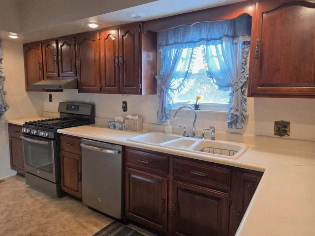 a kitchen with a sink cabinets appliances and a window