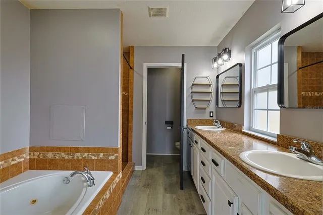 a bathroom with a granite countertop tub sink and mirror
