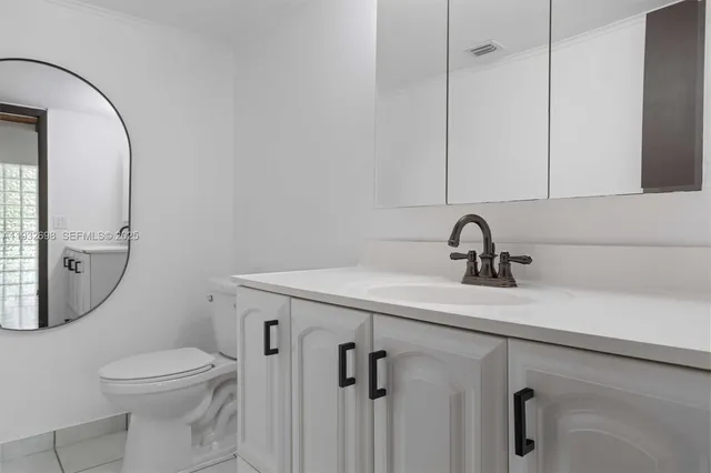 a bathroom with a sink mirror vanity and toilet