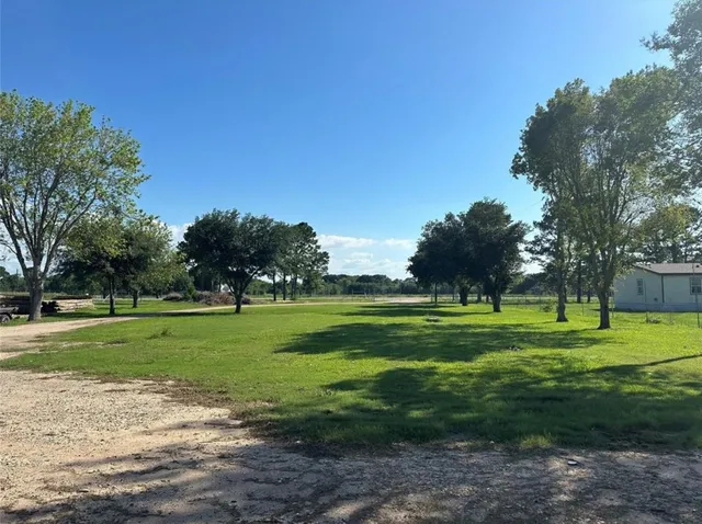 a grassy field with trees in the background