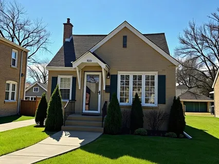 a front view of house with yard and green space