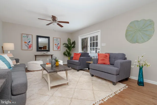 a living room with furniture and a potted plant