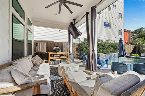 a building outdoor space with patio furniture