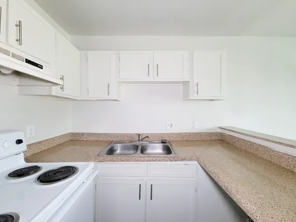 a kitchen with a sink a stove and cabinets