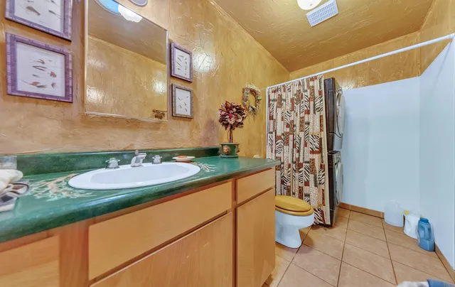 a bathroom with a granite countertop sink a toilet and a shower