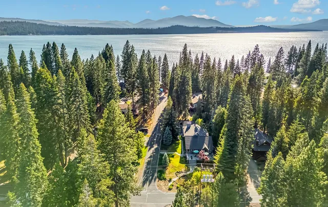 a view of a lake with a building in the background