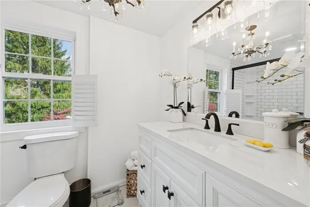 a bathroom with a sink a toilet and a mirror