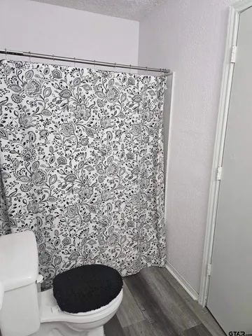 a bathroom with a toilet and a shower curtain
