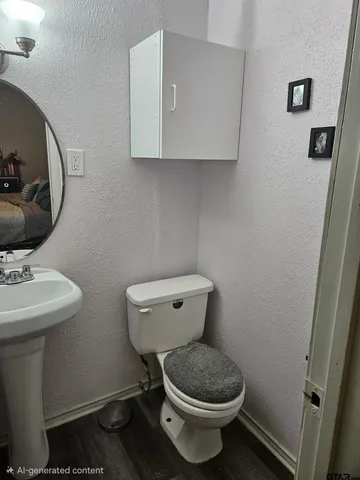 a bathroom with a toilet a sink and a mirror