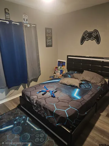 a bed sitting in a bedroom next to a wooden door