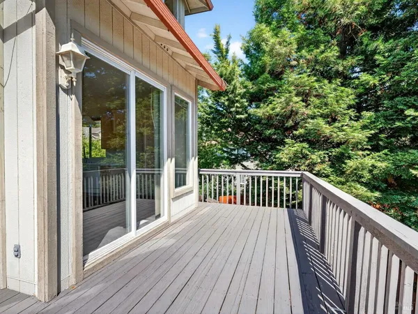 a view of a backyard with wooden fence and a large tree