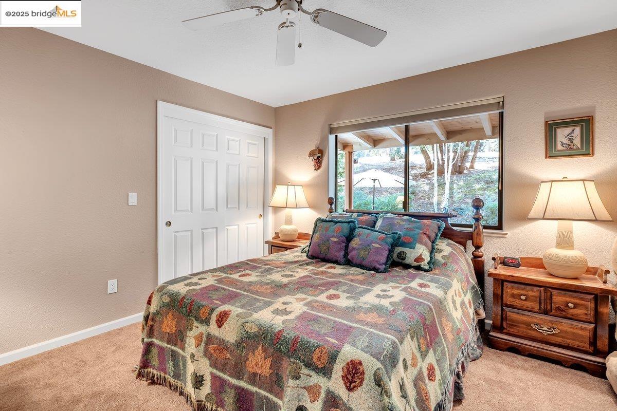 13700 Clements Road Groveland, CA 95321 - Photo 37 of 93 Carpeted bedroom with a textured wall, a ceiling fan, and a closet
