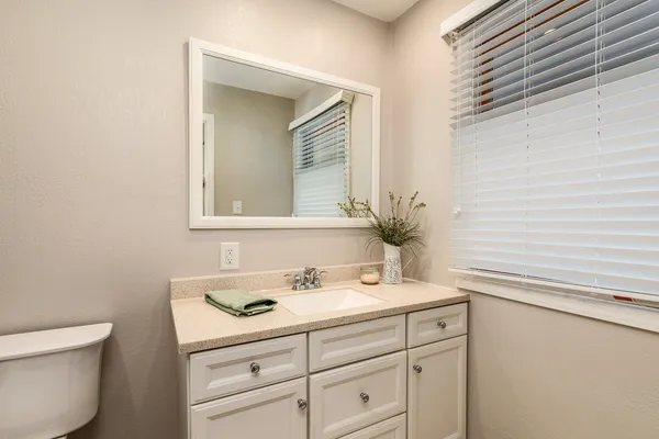 a bathroom with a sink a toilet and mirror