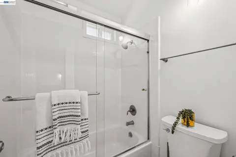 a bathroom with a shower and a toilet