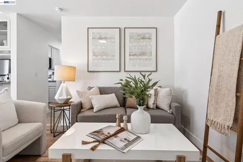a living room with furniture and a potted plant