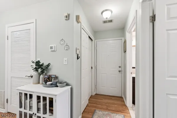 a hallway with windows and flower pot