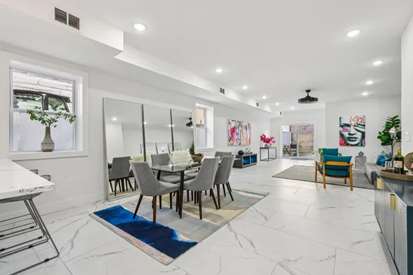 a view of a dining area with furniture