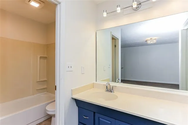 a bathroom with a tub sink toilet and a mirror