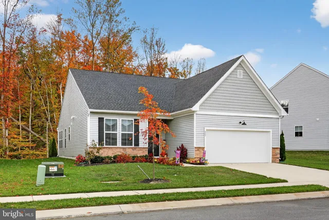 a view of a white house in a big yard with plants and large tree
