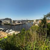 a view of a lake with a city