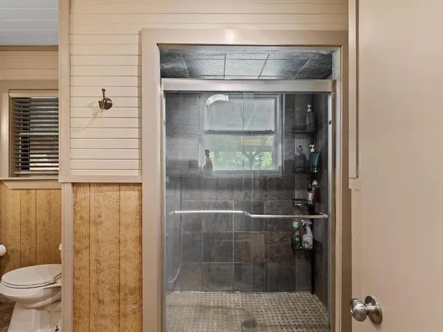 a bathroom with a shower and a toilet