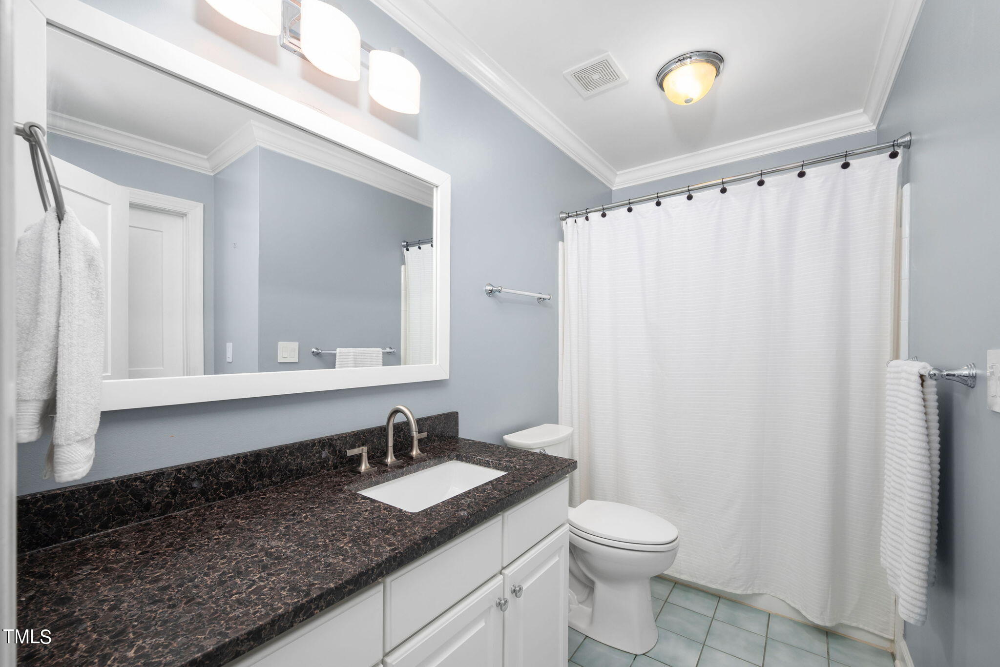 300 Pond Bluff Way Cary, NC 27513 - Photo 34 of 73 a bathroom with a granite countertop sink and a mirror