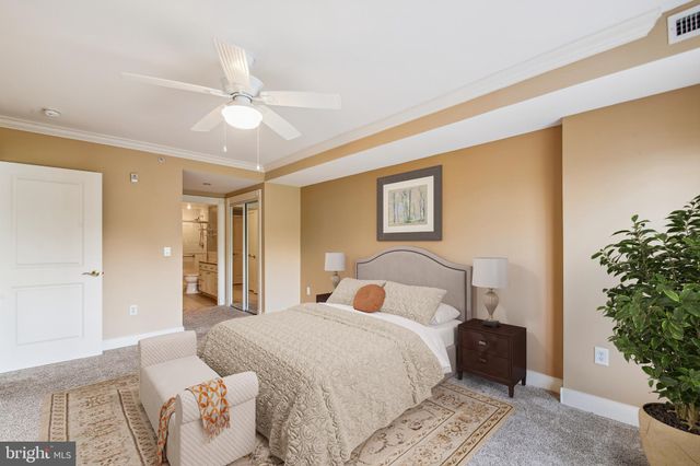 a bedroom with a large bed and a potted plant