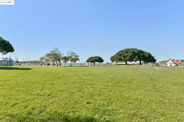 a view of water with boats and trees in the background