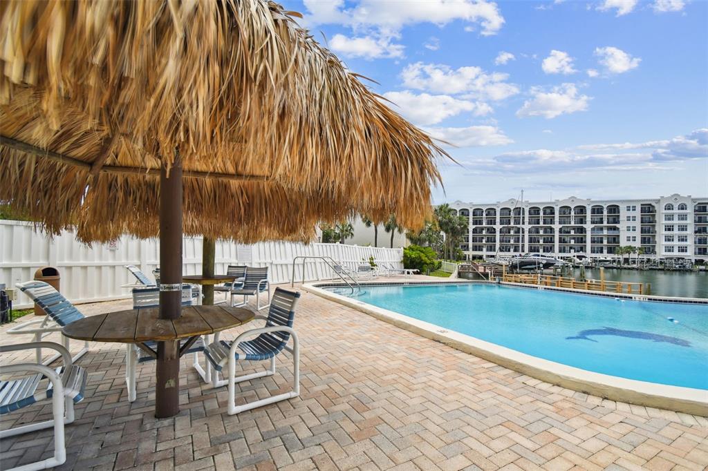 255 Dolphin Point, Unit 207 Clearwater Beach, FL 33767 - Photo 40 of 69 a view of swimming pool with outdoor seating and plants