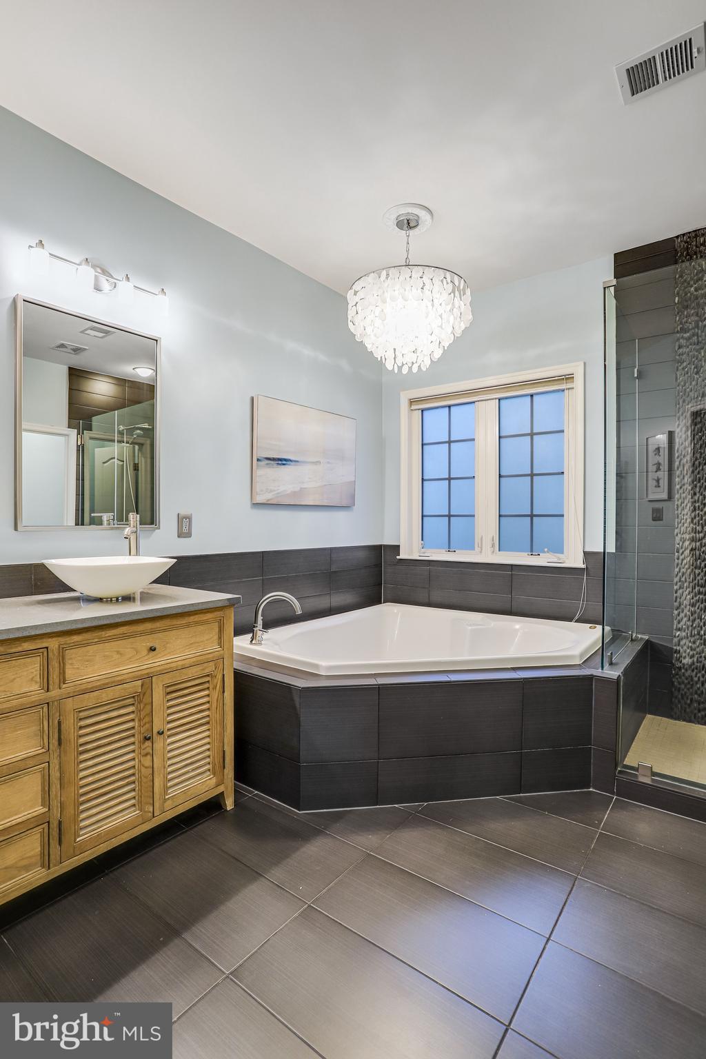 21625 Merion Street Ashburn, VA 20147 - Photo 52 of 80 a spacious bathroom with a granite countertop sink mirror and bathtub