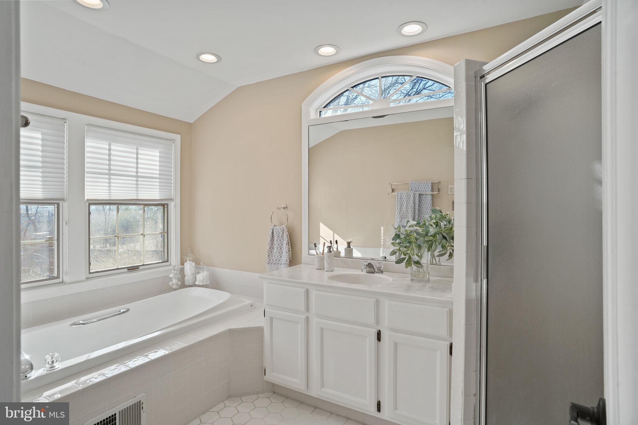 406 West Braddock Road Alexandria, VA 22302 - Photo 29 of 56 a bathroom with a granite countertop sink mirror and a bathtub