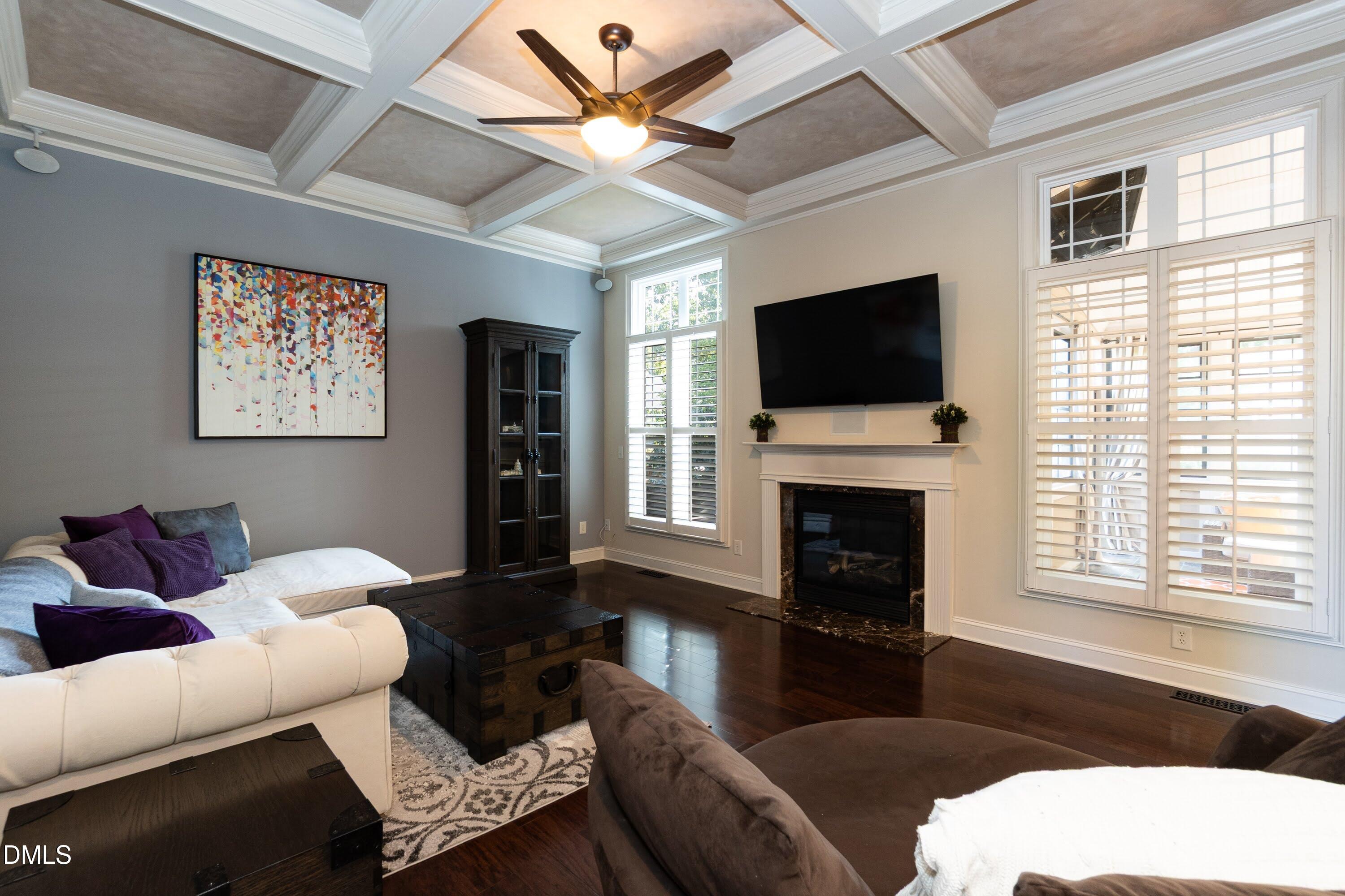 4213 Oakthorne Way Raleigh, NC 27613 - Photo 17 of 46 Comfortable family room and Gorgeous coffered ceiling.
