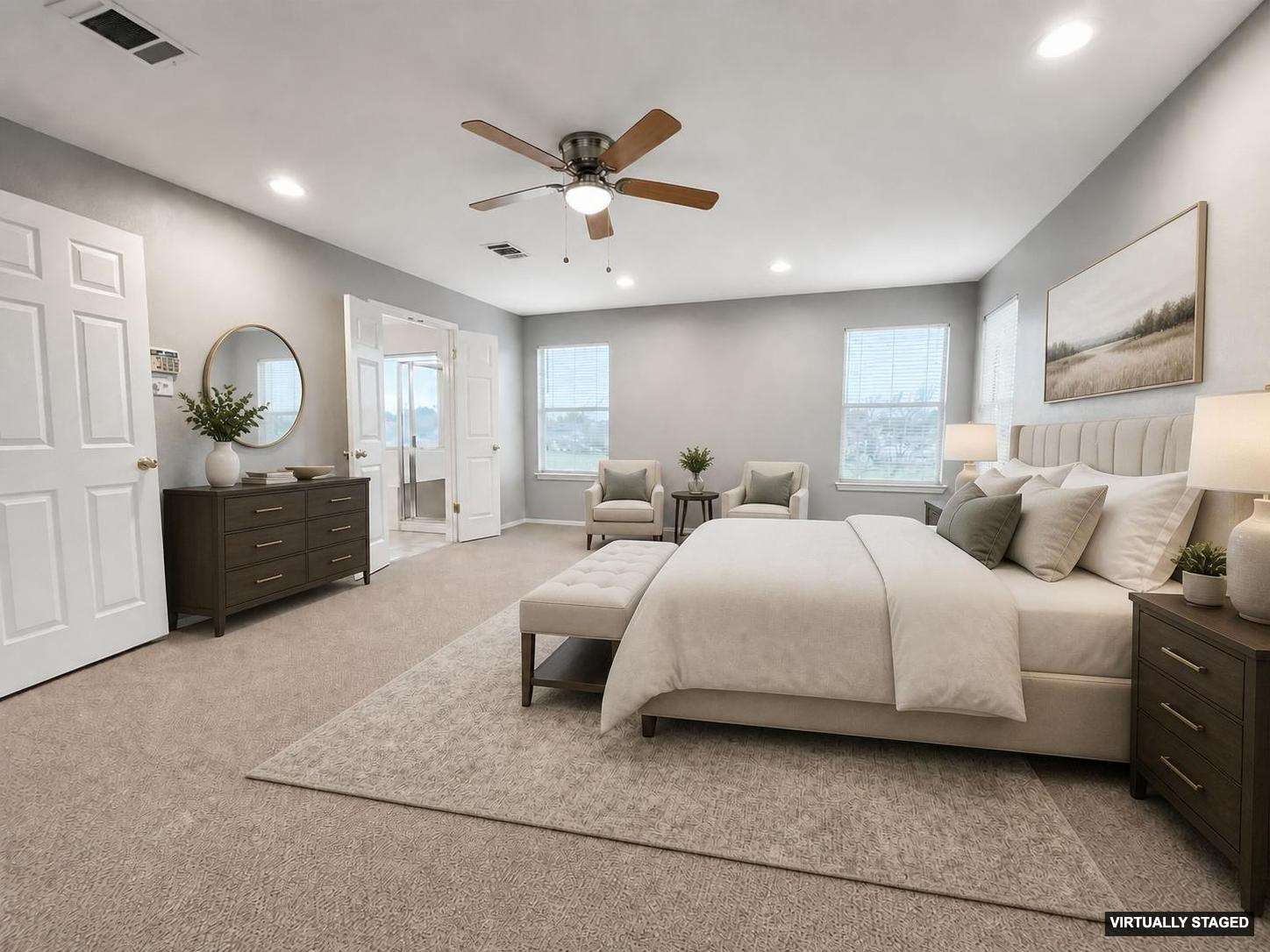 14828 Single Trace Austin, TX 78728 - Photo 13 of 30 Spacious room featuring neutral carpeting, a ceiling fan with integrated lighting, recessed lighting, and multiple windows