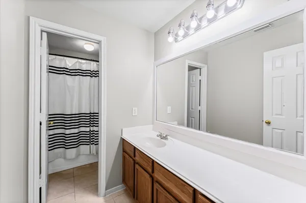 a bathroom with a sink a mirror and a shower