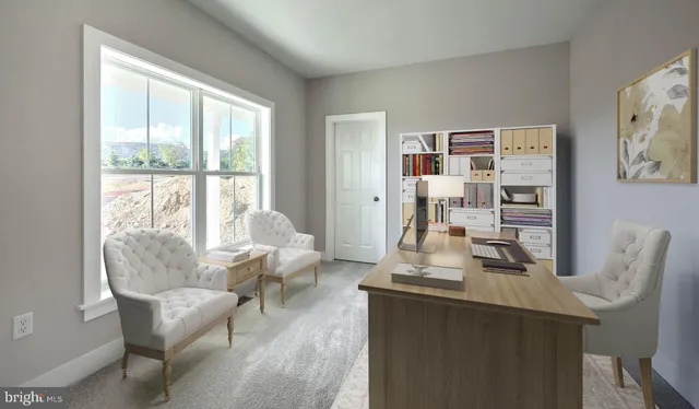 a living room with furniture and large window