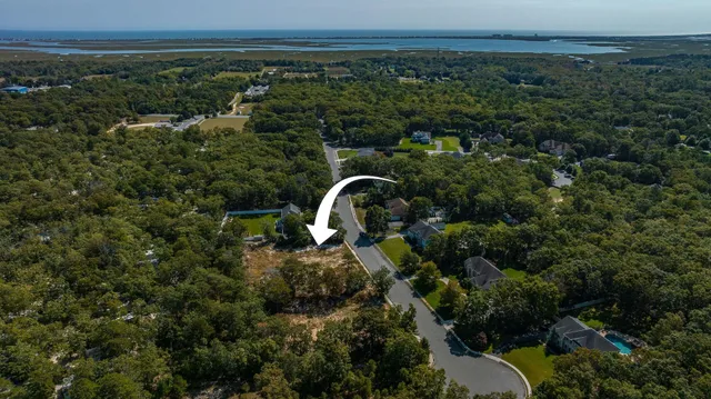 an aerial view of a residential houses with outdoor space and trees