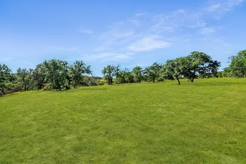 a view of a garden with a building in the background