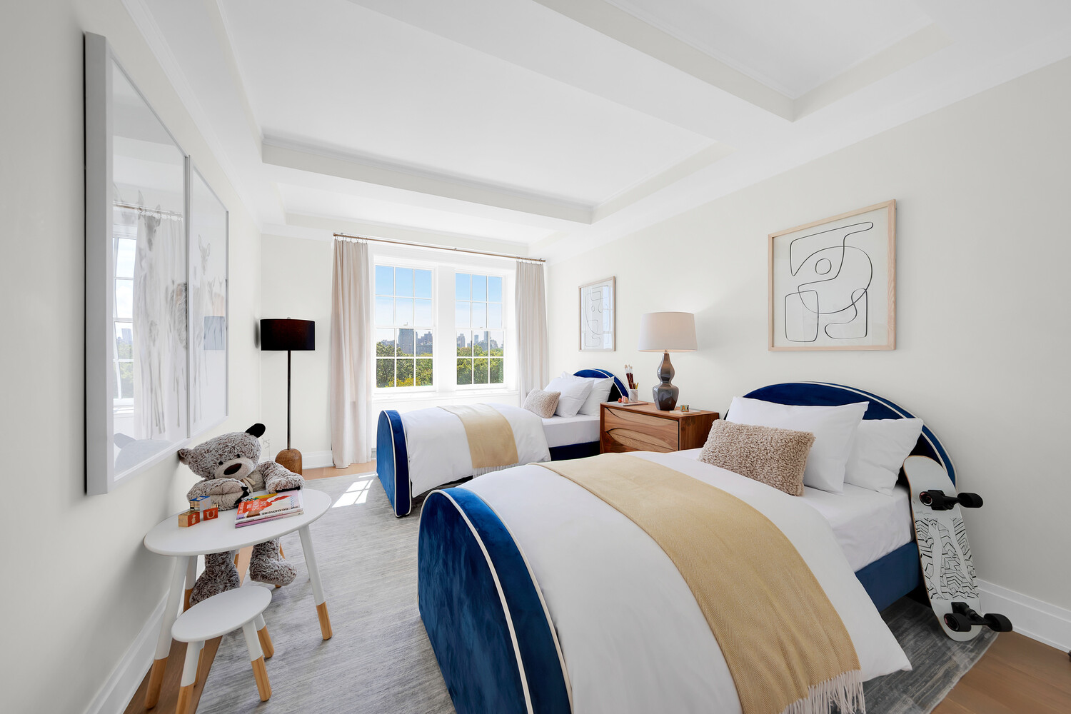 360 Central Park West, Unit 8A/9A Manhattan, NY 10025 - Photo 12 of 17 a bedroom with two beds and large windows