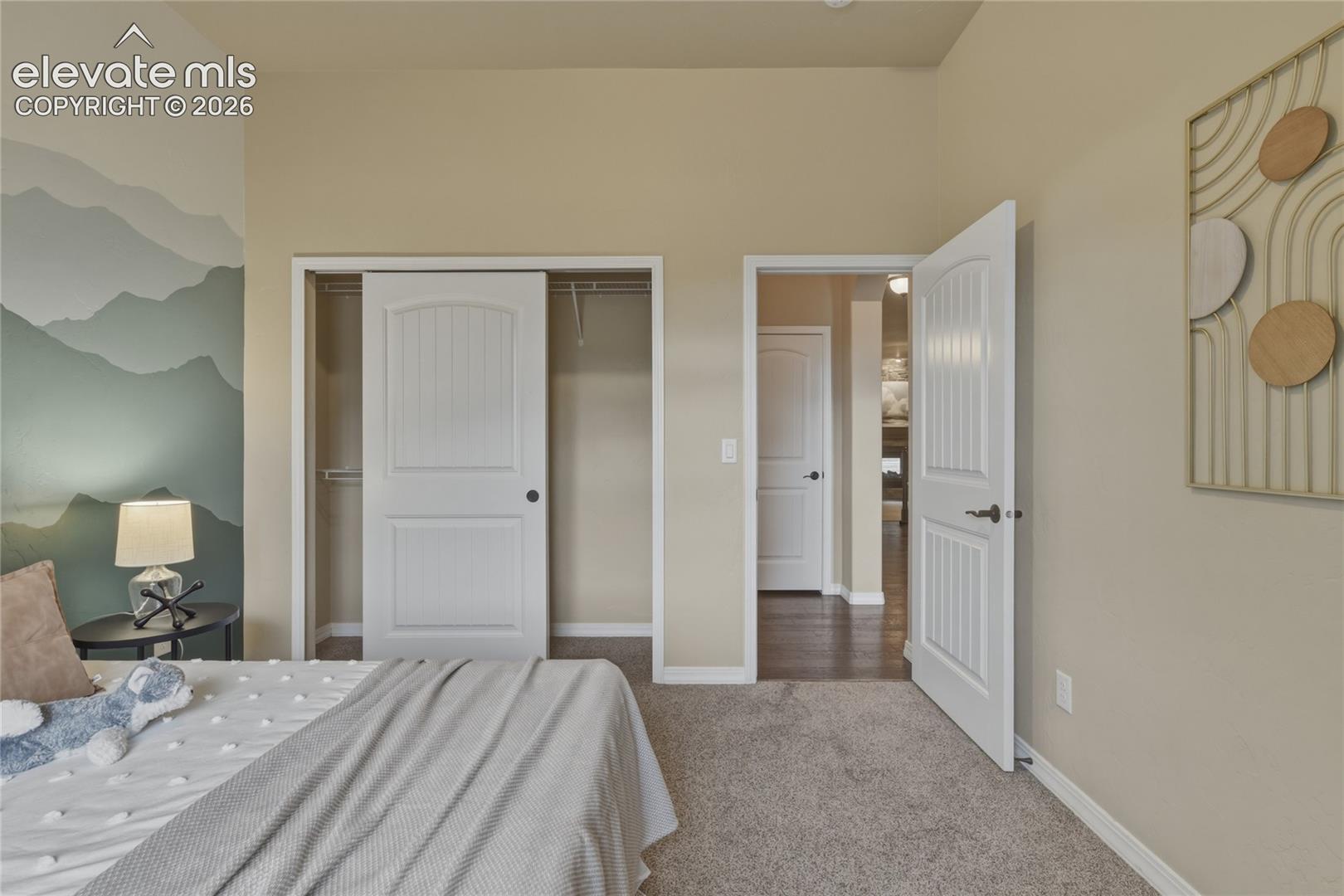 1118 Spectrum Loop Colorado Springs, CO 80921 - Photo 26 of 50 Bright primary bedroom with dual closets featuring white six-panel doors and spacious shelving, carpet flooring, and access to an ensuite bathroom