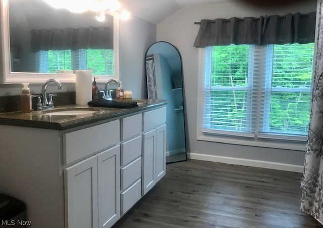 4652 South Turner Road Canfield, OH 44406 - Photo 15 of 28 Bathroom featuring wood-type flooring, vanity, and vaulted ceiling