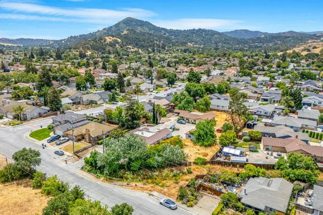 an aerial view of residential houses with outdoor space and street view